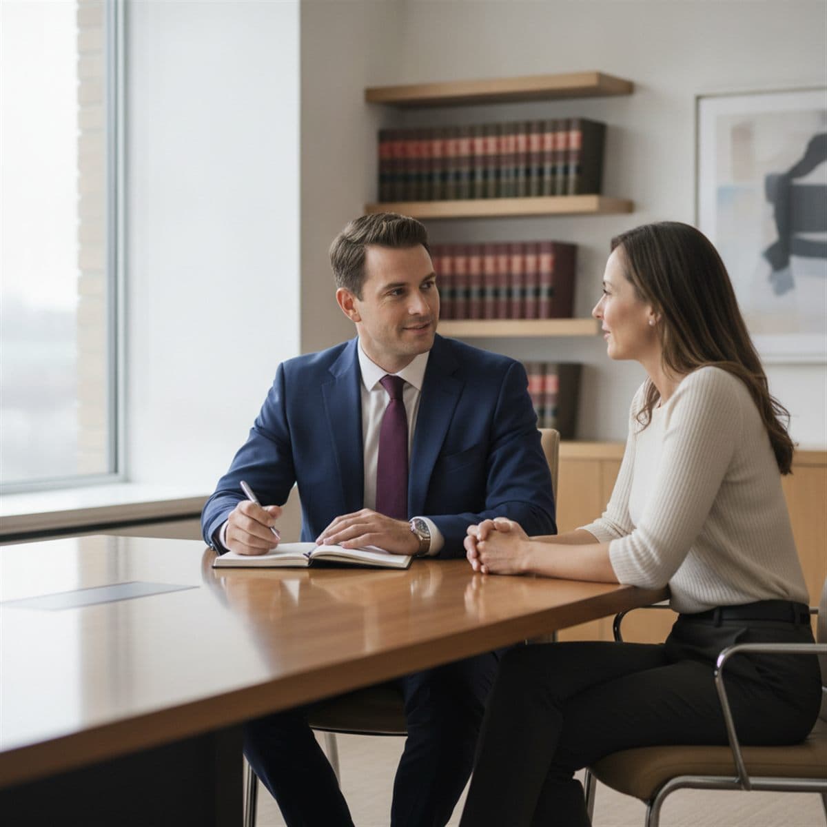 Attorney meeting with a client in a law office